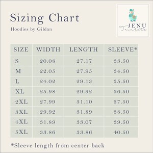 May include: Sizing chart for hoodies by Gildan, showing sizes S through 5XL with corresponding width, length, and sleeve measurements in inches.