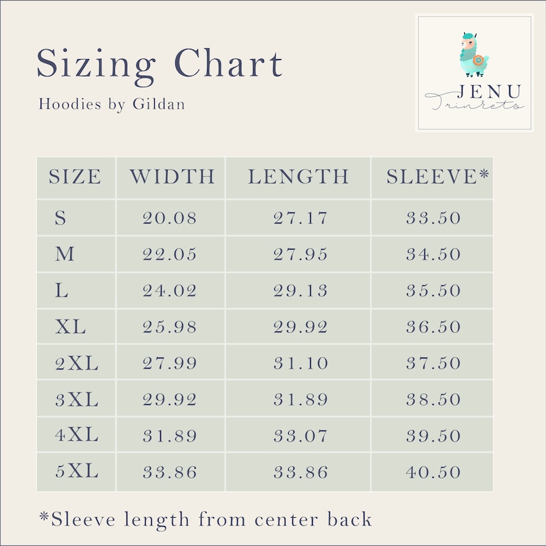 May include: Sizing chart for hoodies by Gildan, showing sizes S through 5XL with corresponding width, length, and sleeve measurements in inches.