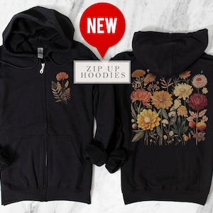Retro Boho Fall Pressed Flowers Full Zip Up Hoodie Vintage Floral Autumn Top Botanical Cottagecore Zipup Sweater Aesthetic Graphic Hoodies