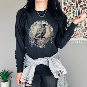 Dark Academia Raven Long Sleeve Tshirt Gothic Trendy Crow Long Sleeve Top Grunge Fashion Alt Edgar Allan Poe Graphic Tees Mythical Mystical