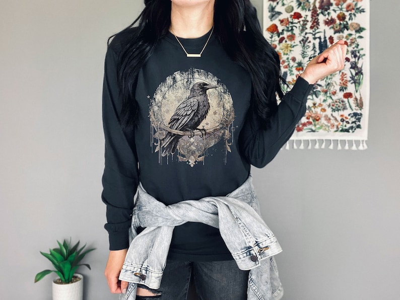 Dark Academia Raven Long Sleeve Tshirt Gothic Trendy Crow Long Sleeve Top Grunge Fashion Alt Edgar Allan Poe Graphic Tees Mythical Mystical