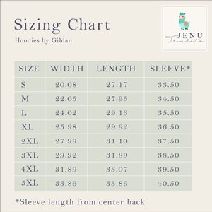 May include: A sizing chart for Gildan hoodies, featuring measurements for width, length, and sleeve length in inches. Sizes range from S to 5XL. The chart includes the text "Sizing Chart" and the brand logo.