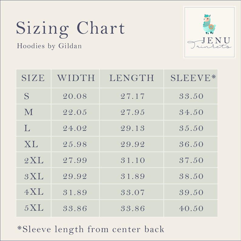 May include: A sizing chart for Gildan hoodies, featuring measurements for width, length, and sleeve length in inches. Sizes range from S to 5XL. The chart includes the text "Sizing Chart" and the brand logo.