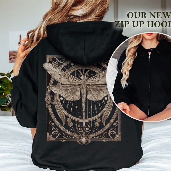 Fairycore Vintage Victorian Dragonfly Zip Up Hoodie Art Nouveau Animal Top Nature Art Deco Celtic Dragonfly ZipUp Sweater Green Witch Gift