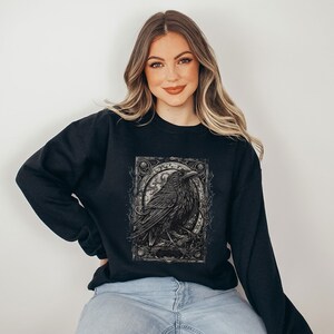 Vintage Whimsical Gothic Raven Sweatshirt Retro Tarot Card Crow Sweater Holiday Vacation Boyfriend Shirt Gift Dark Academia Clothing Grunge