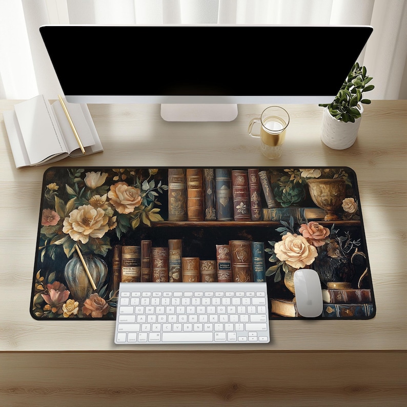 Romantic Book Bookish Reading Desk Mat Library Light Academia Mousepad Floral Flowers Mouse pad Office Gift Magical Idea Book Lover Librarian