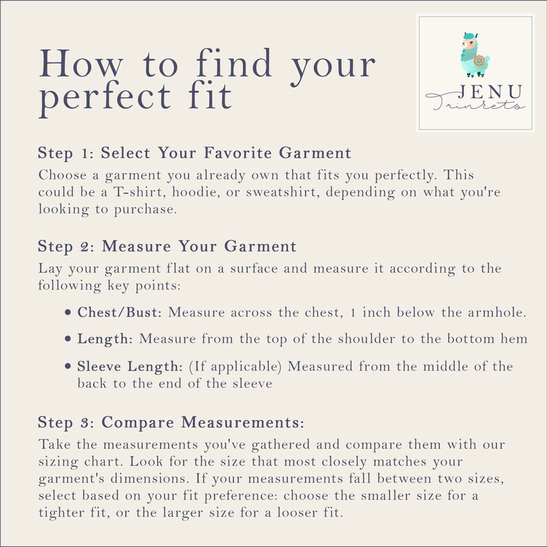 May include: A guide on how to find your perfect fit for clothing. The guide includes instructions on how to select your favorite garment, measure it, and compare the measurements to a sizing chart. The text includes the following key points: Chest/Bust, Length, and Sleeve Length.