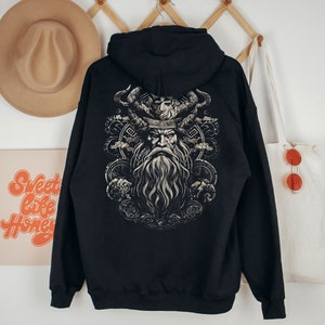Norse God Odin Viking Hoodie Mythical Celtic Nordic Mythology Mystical Sweater Valhalla Warrior Vegvisir Gift Gothic Metal Biker Rocker