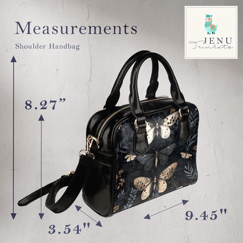 K&ouml;nnte beinhalten: Schwarze Schulterhandtasche mit Schmetterlings- und Blumenmuster. Die Tasche hat einen oberen Griff und einen abnehmbaren Schultergurt. Ma&szlig;e: 21 cm hoch, 24 cm breit und 9 cm tief. Die Tasche hat einen Rei&szlig;verschluss.
