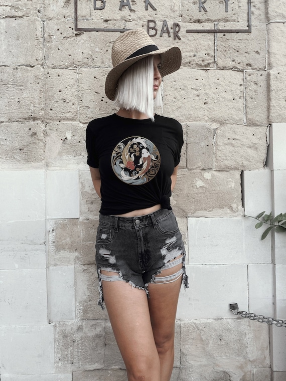 Ying Yang Koi Fish Tshirt Art Nouveau Shirt Japanese Gift Japan Lover Top Street Wear Travel Tee Vintage Trendy Gold Fish Workout Sports