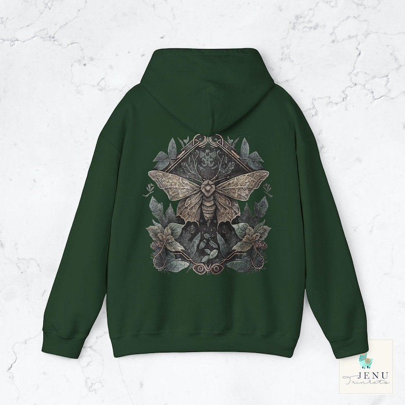 Vintage Moth Hoodie Nature Forest Sweatshirt Cottage Core Hoodie Fairycore Top Goblin Core Street Wear Trendy Woodland Shirt Green Witc Back