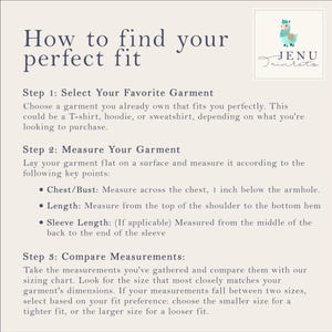 May include: A cream-colored graphic with instructions on how to find the perfect fit for clothing. The text includes steps for measuring a garment and comparing measurements to a sizing chart. A logo with a llama is in the upper right corner.