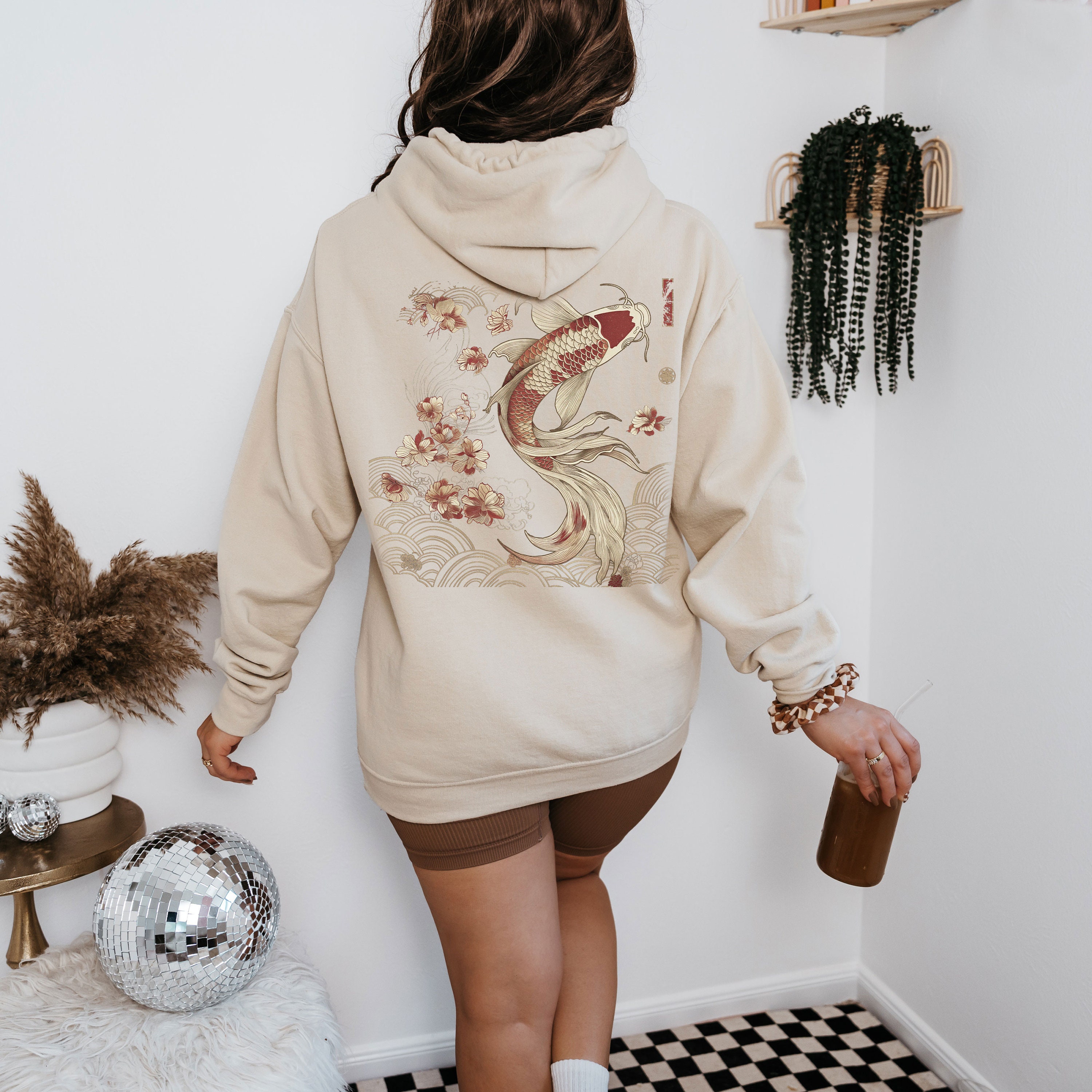 Cozy Vintage Japanese Koi Fish Hoodie Nautical Animal Asian