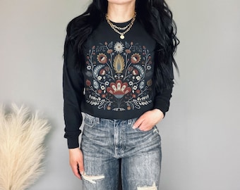 Scandinavian Folk Art Long Sleeve Tshirt Retro Floral Botanical Scandi Sweater Nordic Long Sleeved Cotton Shirt Norwegian Traditional Art