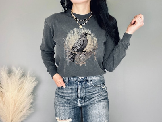 Dark Academia Raven Long Sleeve Tshirt Gothic Trendy Crow Long Sleeve Top Grunge Fashion Alt Edgar Allan Poe Graphic Tees Mythical Mystical