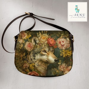 Vintage Boho Wolf Dog Saddle Bag Shoulder Bag Romantic Roses Peonies Crossbody Purse Floral Flowers Satchel  Oil Painting Victorian Art