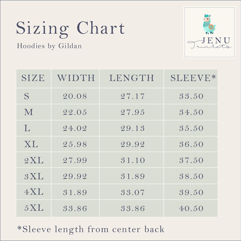 May include: A sizing chart for Gildan hoodies, with measurements in inches for width, length, and sleeve length. Sizes range from S to 5XL. The chart includes the text "Sizing Chart" and the brand name "JENU Trinkets".