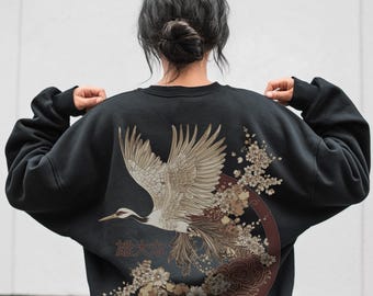 Abstract Japanese Crane Bird Folklore Sweater Egret Heron Sweatshirt Vintage Ukiyoe Sweater Traditional Nature Asian Japan Gift Animal Korea