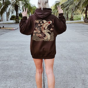 Cozy Vintage Japanese Koi Fish Hoodie Nautical Animal Asian Art Nouveau Japan Hooded Sweater Pond Top Urban Unisex Spring Shirt Tokyo Style