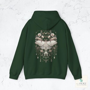 Boho white Lunar Moth Cozy Hoodie Vintage Dreamcatcher Butterfly Sweatshirt Celestial Floral Moon Luna Moth Jewelry Hooded Sweater Alt Gift Forest Green