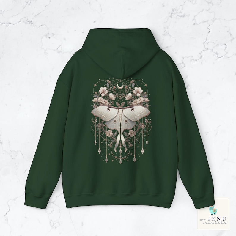 Boho white Lunar Moth Cozy Hoodie Vintage Dreamcatcher Butterfly Sweatshirt Celestial Floral Moon Luna Moth Jewelry Hooded Sweater Alt Gift Forest Green