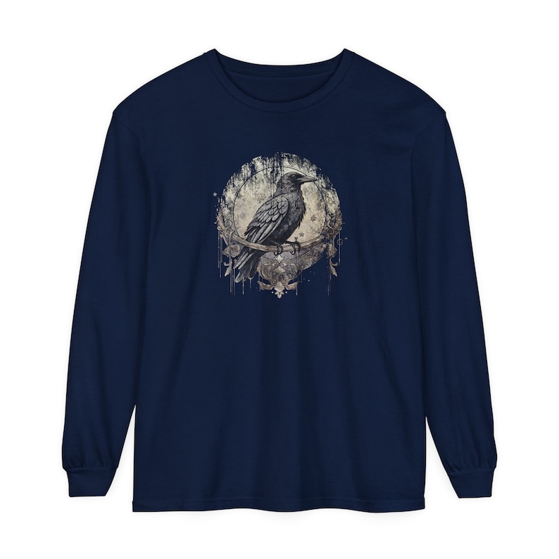Dark Academia Raven Long Sleeve Tshirt Gothic Trendy Crow Long Sleeve Top Grunge Fashion Alt Edgar Allan Poe Graphic Tees Mythical Mystical