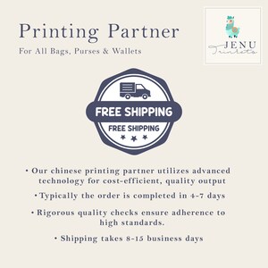 May include: A blue and white illustration of a delivery truck with the text "FREE SHIPPING" in a white circle with a blue border. The text "FREE SHIPPING" is also written in smaller font below the circle. Three white stars are below the text. The text "Printing Partner" is written in black above the illustration. The text "For All Bags, Purses & Wallets" is written in black below the illustration. The text "JENU Trinkets" is written in black in a cursive font in the upper right corner of the image.