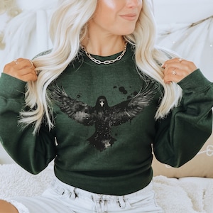 Gothic Ink Crow Sweatshirt Goth Flying Raven Bird Sweater Witchy Dark Academia Flight Street Wear Top Trendy Witchcraft Alternative Grunge