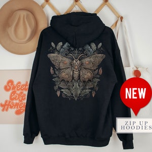 Vintage Moth Zip Up Hoodie Whimsigoth Moth Cottagecore Zipup Hoodie Retro full zip Sweatshirt Zip-Up Hoodie Aesthetic Colorful Dark Academia