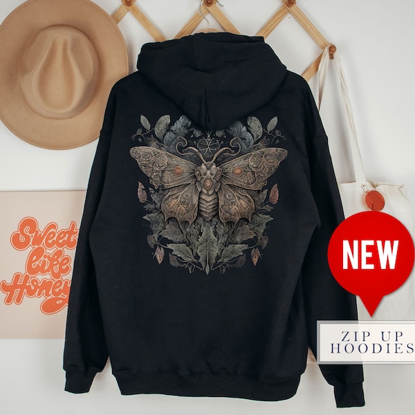 Vintage Moth Zip Up Hoodie Whimsigoth Moth Cottagecore Zipup Hoodie Retro full zip Sweatshirt Zip-Up Hoodie Aesthetic Colorful Dark Academia