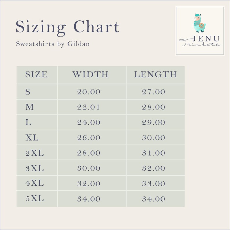 May include: Sizing chart for sweatshirts by Gildan, showing width and length measurements in inches for sizes S through 5XL.