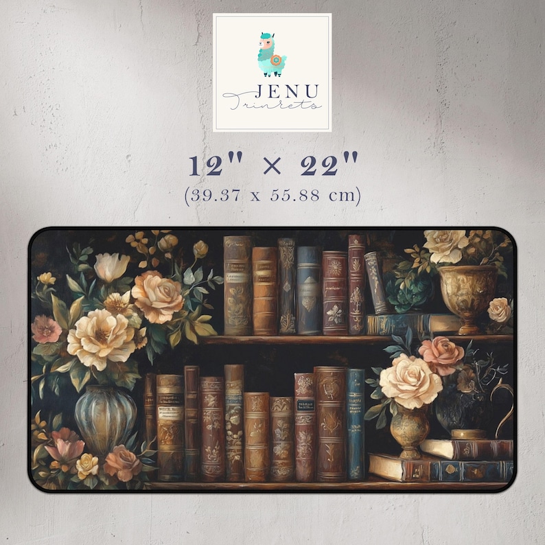 May include: A 12" x 22" (39.37 x 55.88 cm) rectangular doormat with a dark background featuring a bookshelf filled with antique books and two floral arrangements in vases. The doormat has a vintage aesthetic.