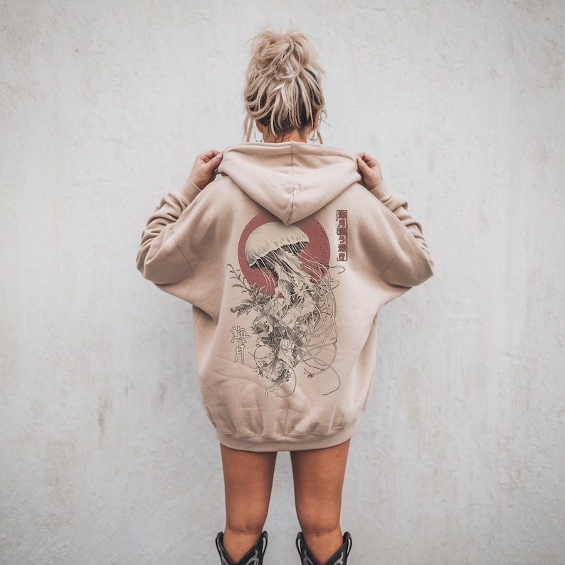 Jellyfish 海月 Ukiyo-e Hoodie Hooded Sweatshirt Kanji Sea Moon Red Moon Witchcore Oversized Gothic Dark Academia Streetwear Japan Gift