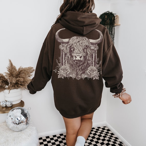 Boho Vintage Highland Cow Hoodie Western Cowboy Cowgirl Sweater Farm Animal Farming Retro Americana Top Nature Clothes Sweatshirt Streetwear