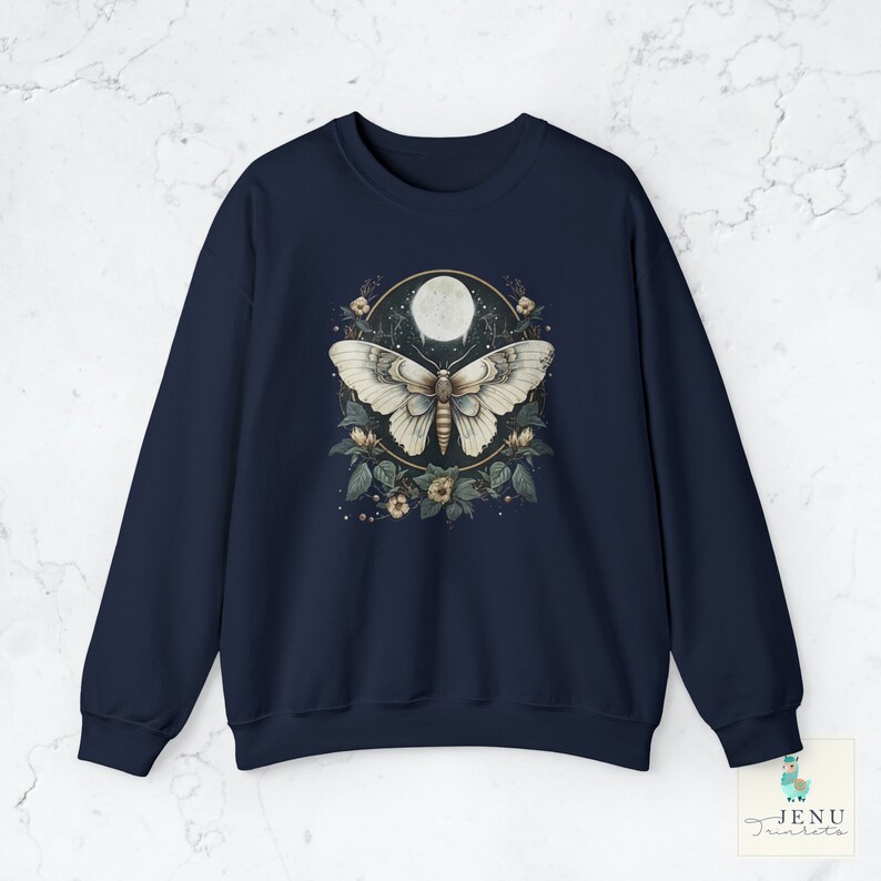 Vintage Mystical White Lunar Moth Sweatshirt Celestial Moon Phase Shirt Boho Butterfly Sweater Cottagecore Top Dark Academia Clothing Street Wear
