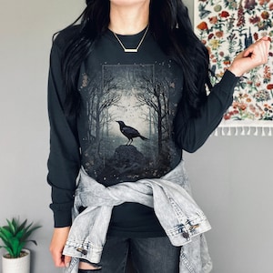 Gothic Raven Wood Forest Night Long Sleeve Tshirt Witchy Art Dark Academia Shirt Crow Woods Top Streetwear Grunge Whimsigoth Sleeved Cotton