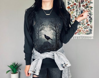 Gothic Raven Wood Forest Night Long Sleeve Tshirt Witchy Art Dark Academia Shirt Crow Woods Top Streetwear Grunge Whimsigoth Sleeved Cotton