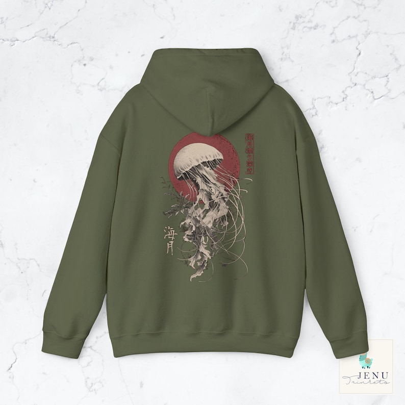 Jellyfish 海月 Ukiyo-e Hoodie Hooded Sweatshirt Kanji Sea Moon Red Moon Witchcore Oversized Gothic Dark Academia Streetwear Japan Gift Military Green