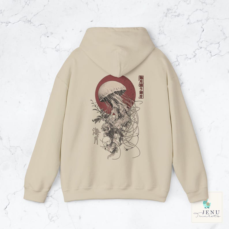 Jellyfish 海月 Ukiyo-e Hoodie Hooded Sweatshirt Kanji Sea Moon Red Moon Witchcore Oversized Gothic Dark Academia Streetwear Japan Gift Sand