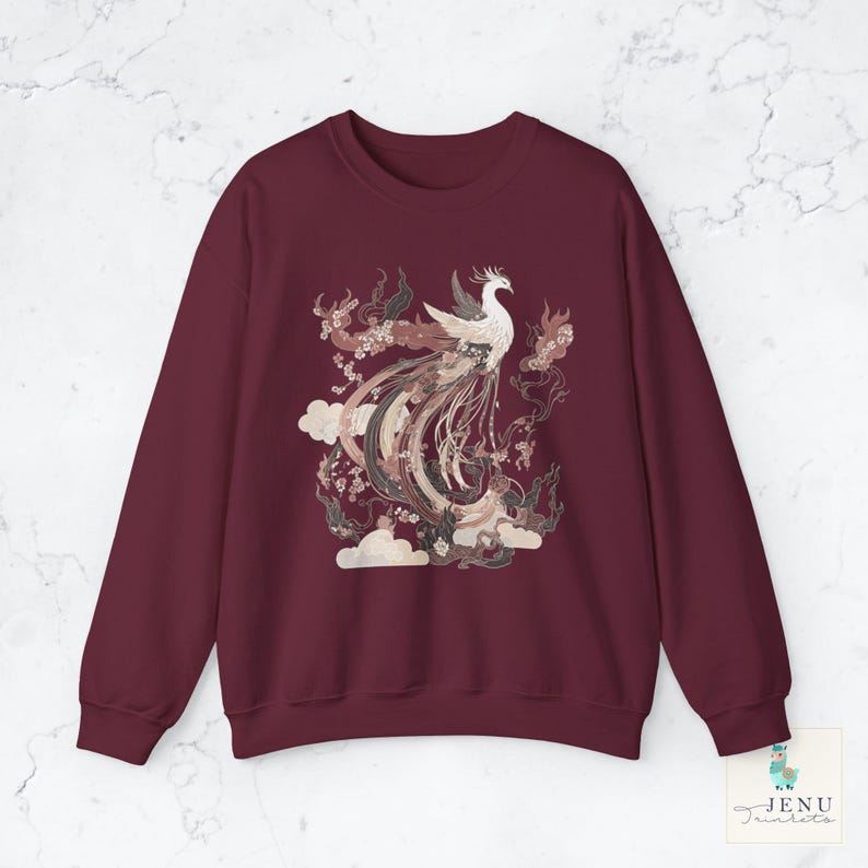 Japanese Phoenix Hoodie Fantasy Beast Bird Sweatshirt Mystical Vintage Asian Abstract Top Japan Nature Tee Mythology Magic Fiction Rebirth Maroon
