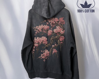 Sudadera con capucha extragrande de algodón grueso Sakura con estampado de flores de cerezo japonesas y efecto desgastado. Estilo urbano estético unisex de primera calidad.