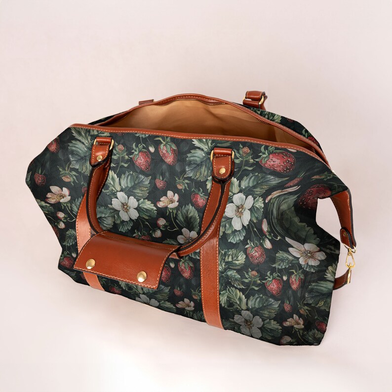 Strawberry Field Flight Travel Bag Canvas Bag Leaf Nature Fruit Watercolor Weekender Travel Bag Plant Carry-On Duffle Bag Cottagecore Faux Leather Vegan Leather Sac Customization Personalisable Custom