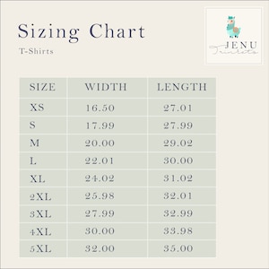 Peut inclure: Un tableau des tailles pour les t-shirts avec des mesures en pouces pour la largeur et la longueur. Le tableau comprend les tailles XS &agrave; 5XL.