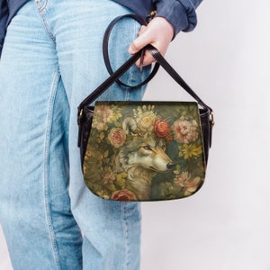 Vintage Boho Wolf Dog Saddle Bag Shoulder Bag Romantic Roses Peonies Crossbody Purse Floral Flowers Satchel  Oil Painting Victorian Art