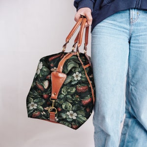 Strawberry Field Flight Travel Bag Canvas Bag Leaf Nature Fruit Watercolor Weekender Travel Bag Plant Carry-On Duffle Bag Cottagecore Faux Leather Vegan Leather Sac Customization Personalisable Custom