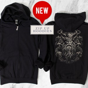 Norse God Odin Viking Full Zip Up Hoodie Mythical Celtic Zipup Sweatshirt Nordic Mythology Mystical Sweater Valhalla Vegvisir Gothic Metal