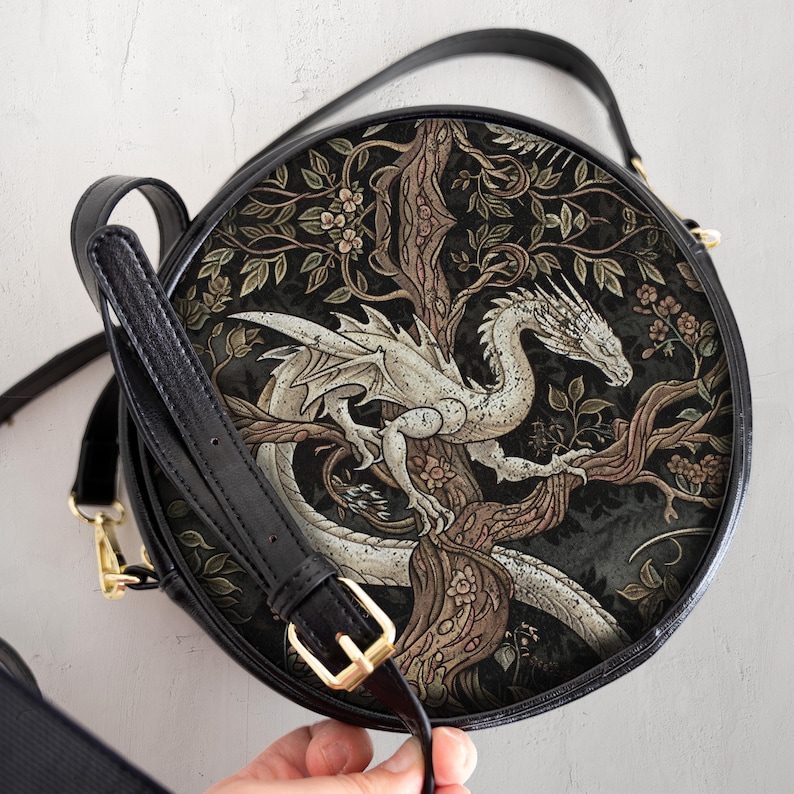 Vintage Mythical Medieval Dragon Round Messenger Bag  Gothic Witchy Tree of Life Dark Academia Crossbody Bag Fantasy Animal Purse Middle Ages Gift