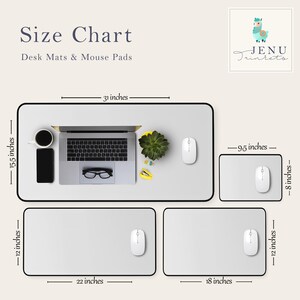 May include: Size chart for desk mats and mouse pads. The chart shows three different sizes of desk mats and mouse pads, with measurements in inches. The largest desk mat is 31 inches by 15.5 inches, the smaller desk mat is 22 inches by 12 inches, and the mouse pad is 9.5 inches by 8 inches.