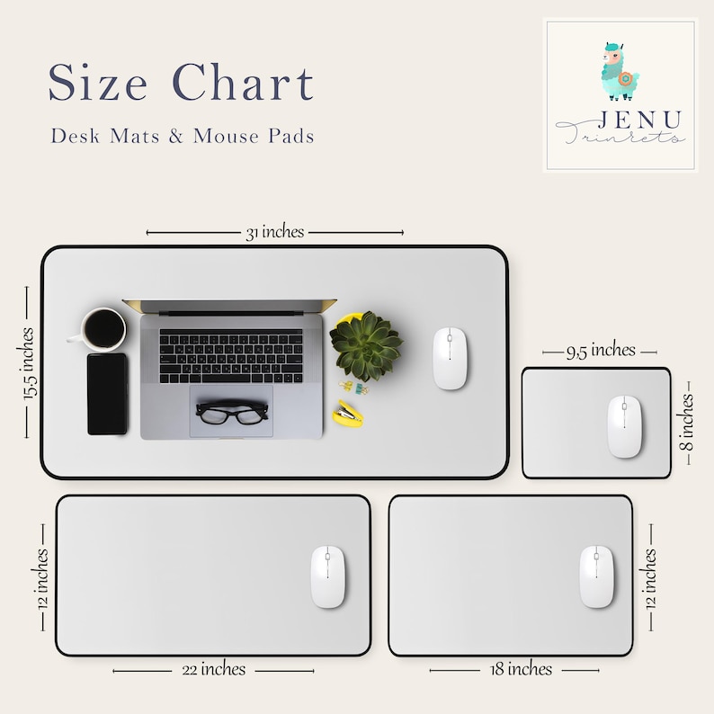 May include: Size chart for desk mats and mouse pads. The chart shows three different sizes of desk mats and mouse pads, with measurements in inches. The largest desk mat is 31 inches by 15.5 inches, the smaller desk mat is 22 inches by 12 inches, and the mouse pad is 9.5 inches by 8 inches.