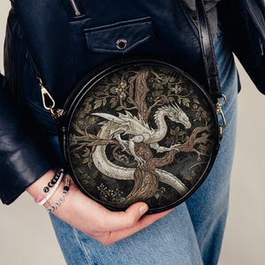Vintage Mythical Medieval Dragon Round Messenger Bag  Gothic Witchy Tree of Life Dark Academia Crossbody Bag Fantasy Animal Purse Middle Ages Gift